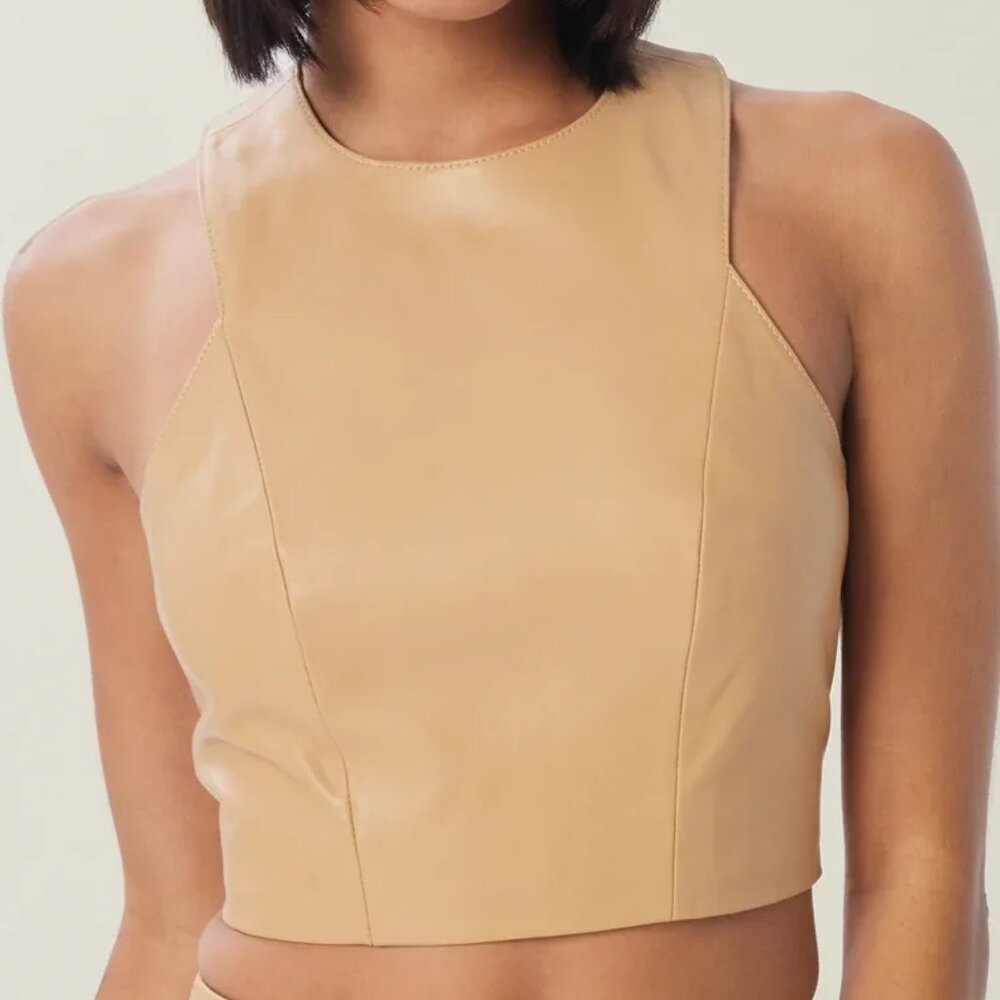 NWT Lita By Ciara Womens Iced Coffee Lamb Leather Sleeveless Crop Top SIZE LARGE